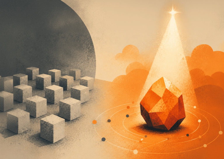 Rows of identical gray cubes fading into shadow beside a glowing orange gem lit by a spotlight, symbolizing how unique non-commodity content stands out from generic commodity content in AI search