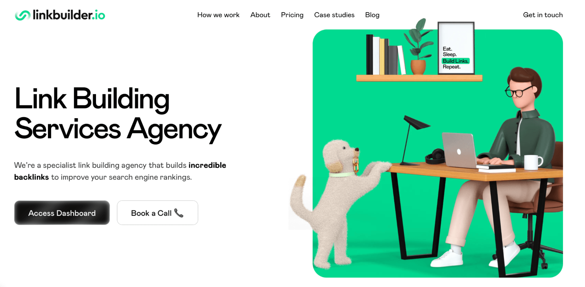 LinkBuilder.io homepage showing the headline Link Building Services Agency, with an illustration of a person working at a desk