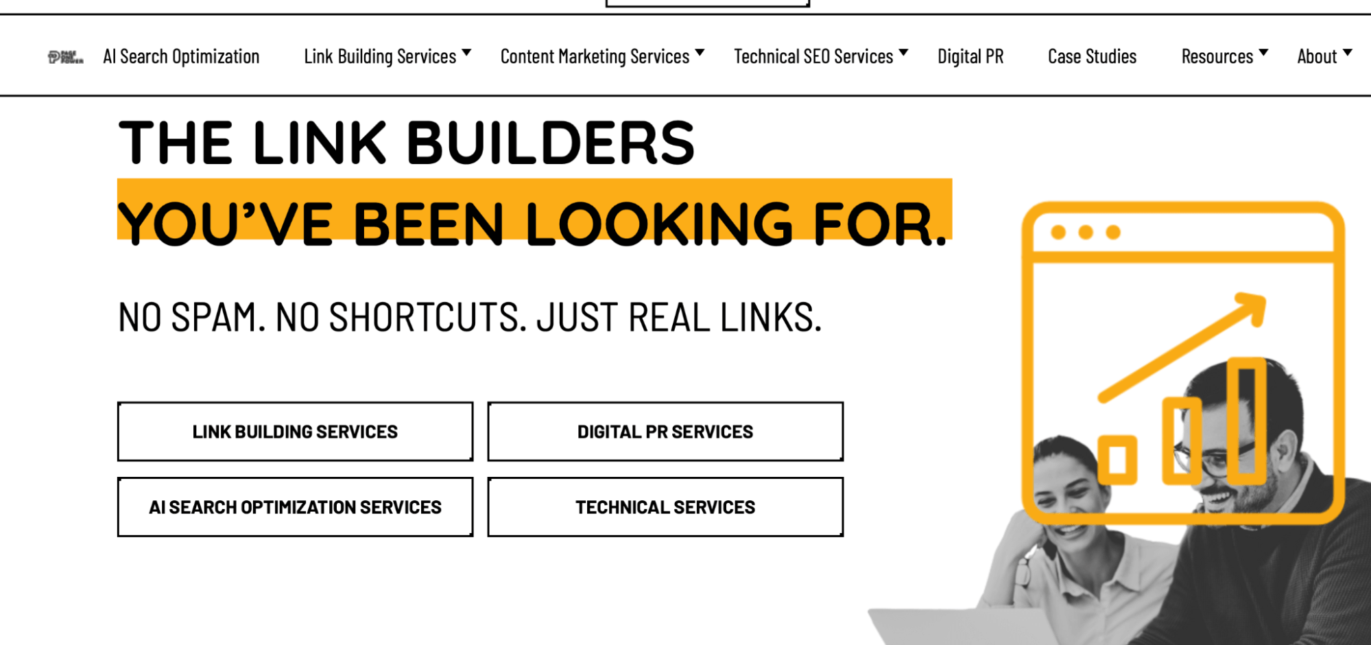 Page One Power homepage showing the headline The Link Builders You've Been Looking For, with the tagline No spam. No shortcuts. Just real links.