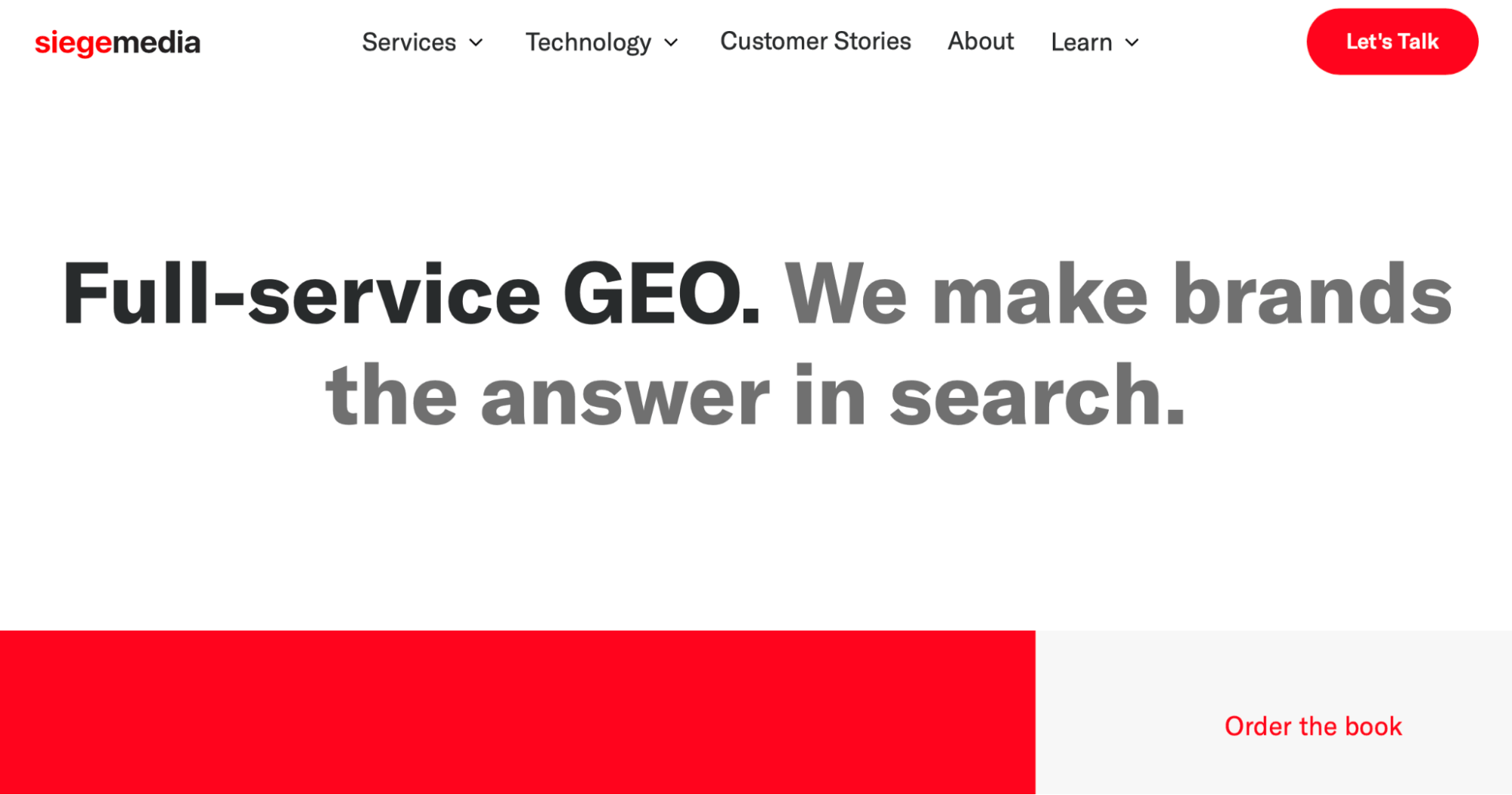 Siege Media homepage showing the headline Full-service GEO. We make brands the answer in search.