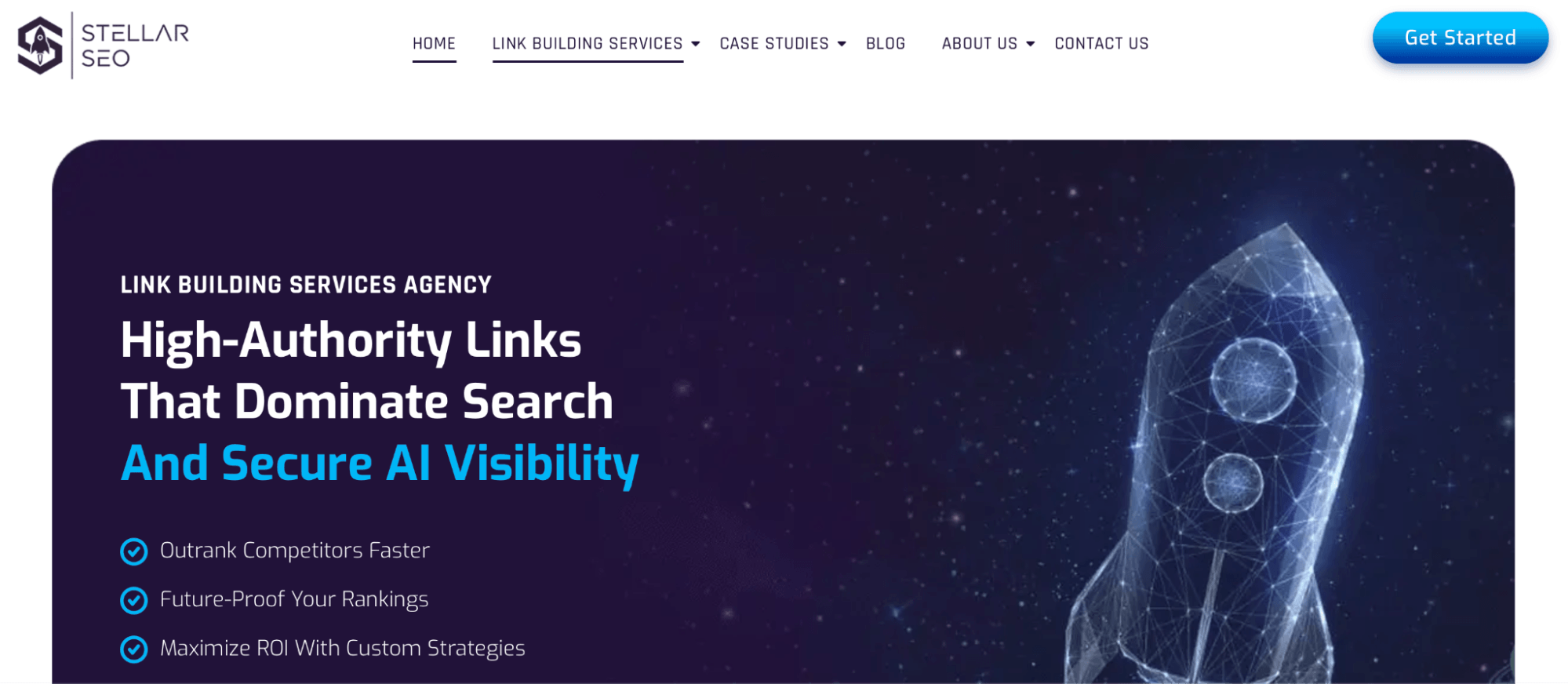 Stellar SEO homepage hero section with the headline "High-Authority Links That Dominate Search And Secure AI Visibility