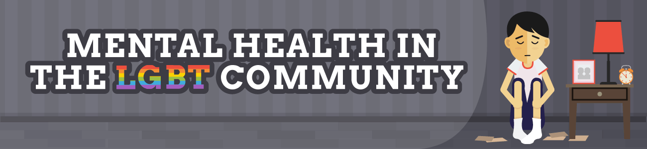 Illustration titled “Mental Health in the LGBT Community” showing a seated person with a distressed expression beside the headline text.