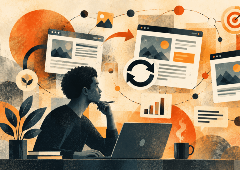 Illustrated person at a laptop studying web pages linked by a refresh arrow, with a bar chart and target icon nearby.