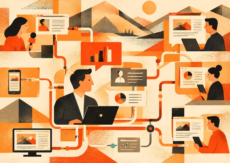 Illustration of people using digital devices, connected by flowing lines to share content, charts, and data across platforms.